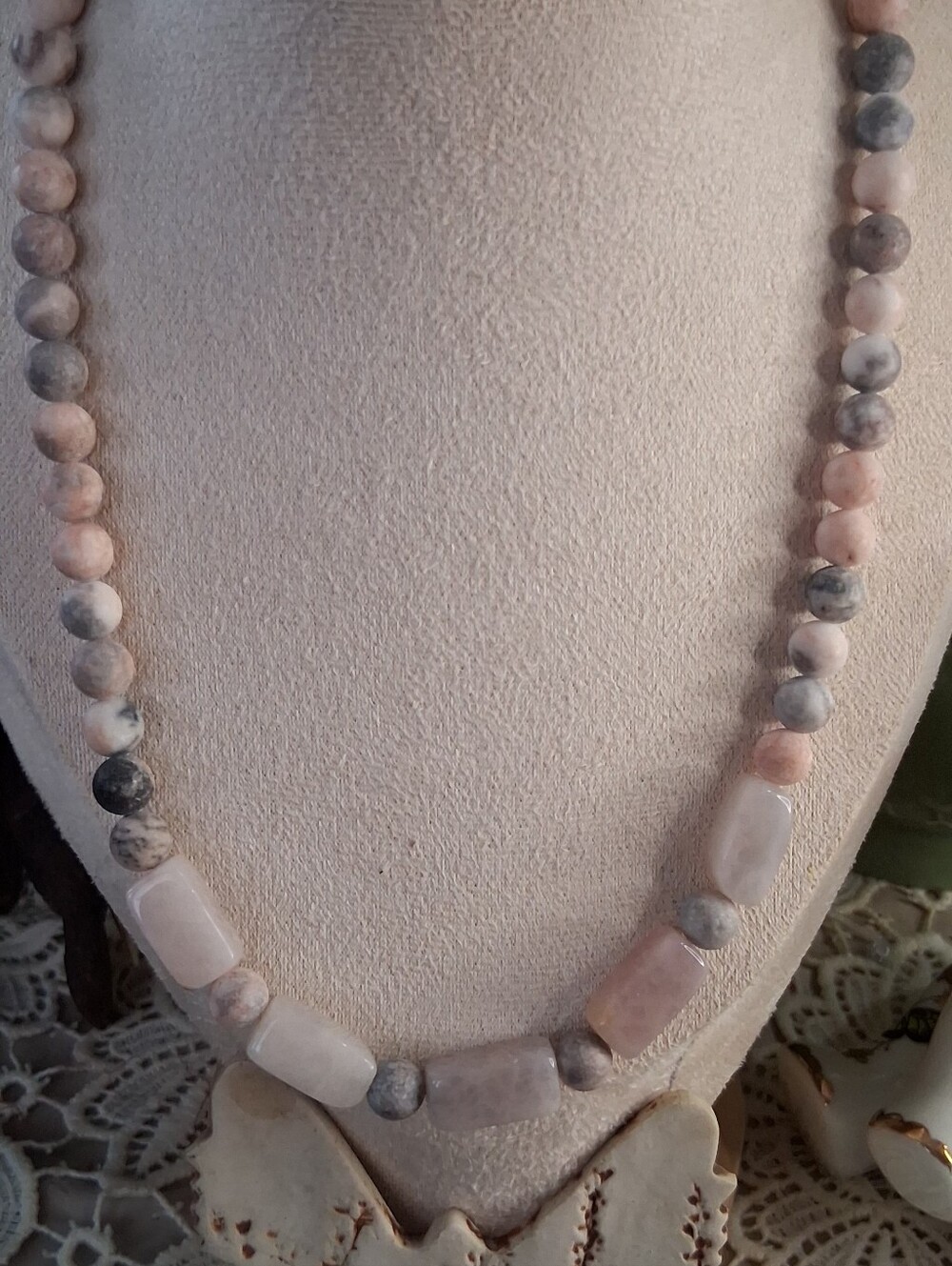 Handcrafted Pink and Gray Beaded Stone Necklace